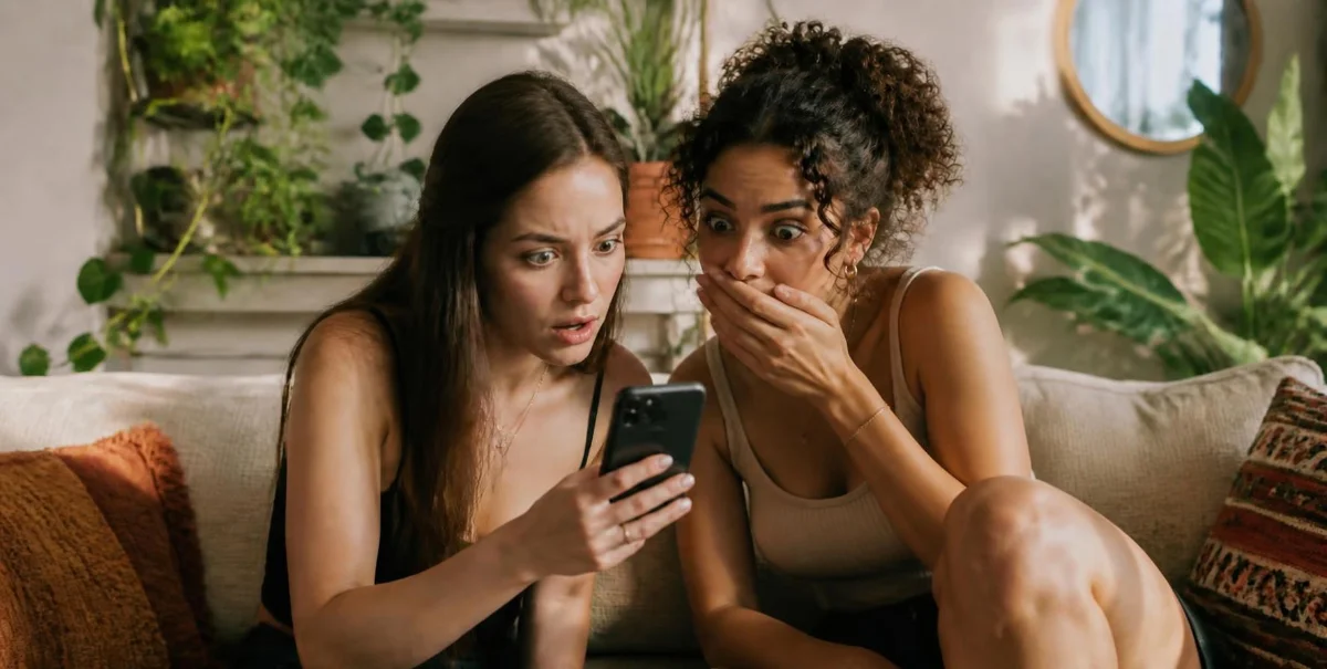 Duas amigas no sofá, chocadas com o que veem no celular